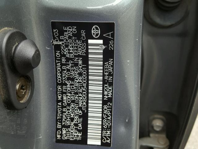 JTDKB20U540020011 - 2004 TOYOTA PRIUS GRAY photo 10