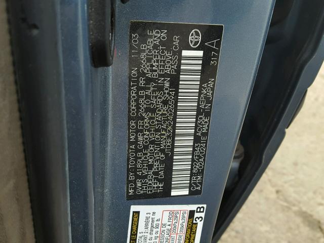 JTDBE32K240265941 - 2004 TOYOTA CAMRY LE BLUE photo 10