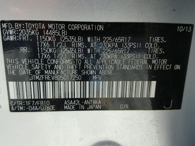 JTMZFREV8D5017250 - 2013 TOYOTA RAV4 LE SILVER photo 10