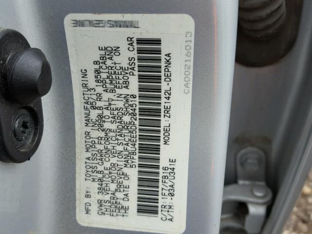 5YFBU4EE5DP204510 - 2013 TOYOTA COROLLA SILVER photo 10