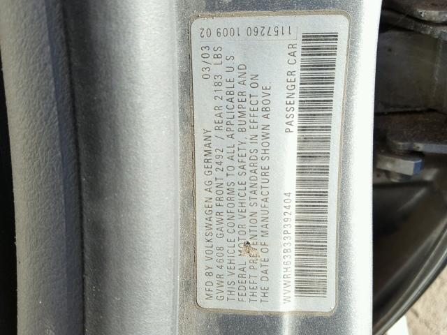 WVWRH63B33P392404 - 2003 VOLKSWAGEN PASSAT GLX GRAY photo 10