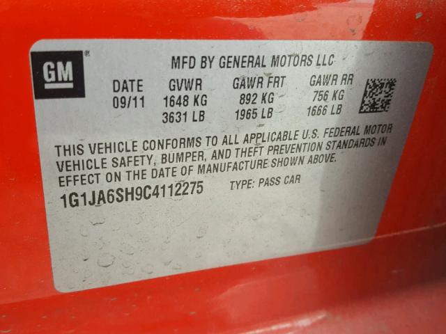 1G1JA6SH9C4112275 - 2012 CHEVROLET SONIC LS 红色 照片 10