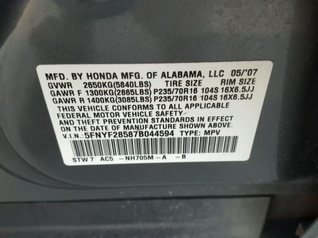 5FNYF28587B044594 - 2007 HONDA PILOT CHARCOAL photo 10