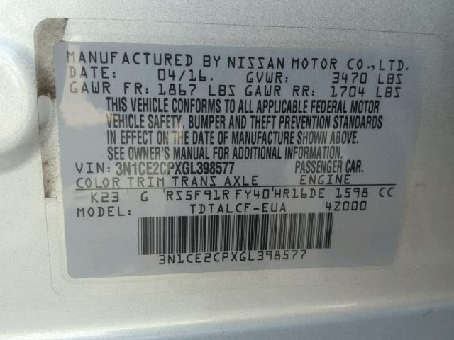 3N1CE2CPXGL398577 - 2016 NISSAN VERSA NOTE SILVER photo 10