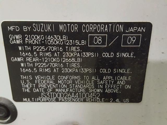 JS3TD0D26A4100452 - 2010 SUZUKI GRAND VITA WHITE photo 10