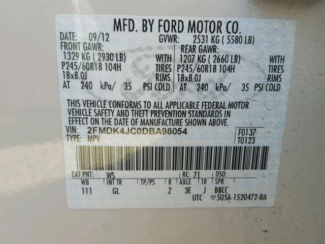 2FMDK4JC0DBA98054 - 2013 FORD EDGE SEL WHITE photo 10