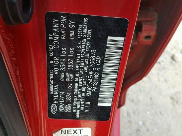 KMHCT5AE0FU206878 - 2015 HYUNDAI ACCENT GS RED photo 10