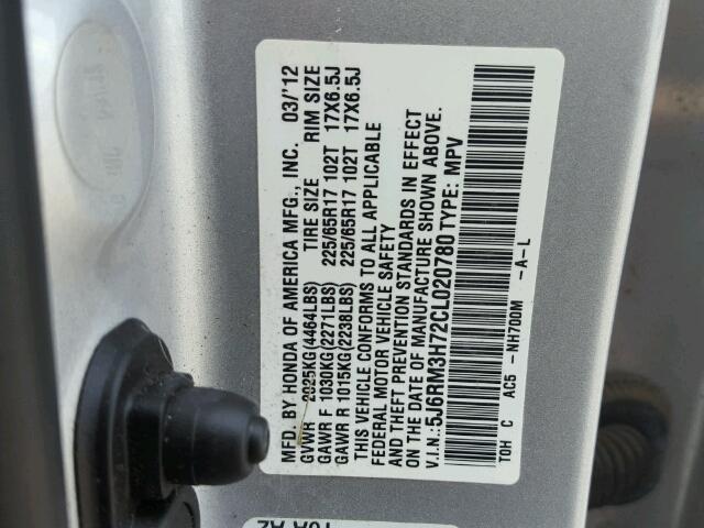 5J6RM3H72CL020780 - 2012 HONDA CR-V EXL GRAY photo 10