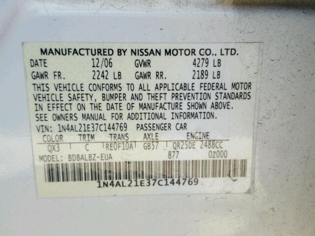 1N4AL21E37C144769 - 2007 NISSAN ALTIMA 2.5 WHITE photo 10