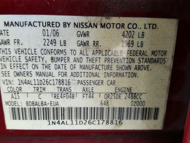 1N4AL11D26C178816 - 2006 NISSAN ALTIMA S RED photo 10