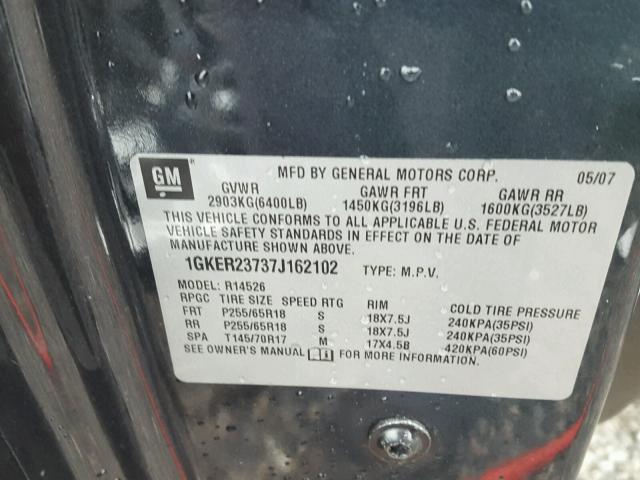 1GKER23737J162102 - 2007 GMC ACADIA SLT შავი ფოტო 10