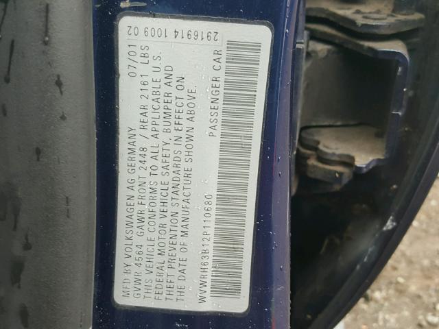 WVWRH63B12P110680 - 2002 VOLKSWAGEN PASSAT GLX 蓝色 照片 10