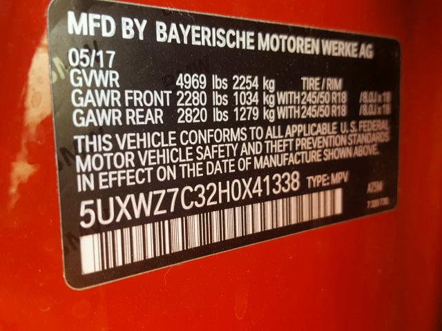 5UXWZ7C32H0X41338 - 2017 BMW X3 RED photo 10