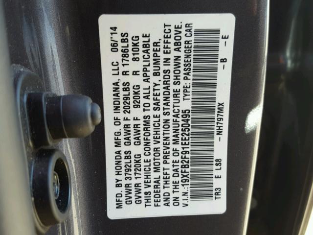 19XFB2F91EE250495 - 2014 HONDA CIVIC EXL GRAY photo 10