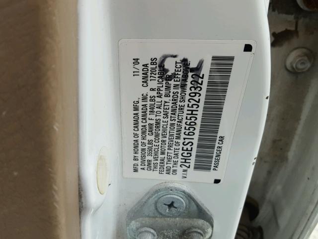 2HGES16565H529322 - 2005 HONDA CIVIC LX WHITE photo 10