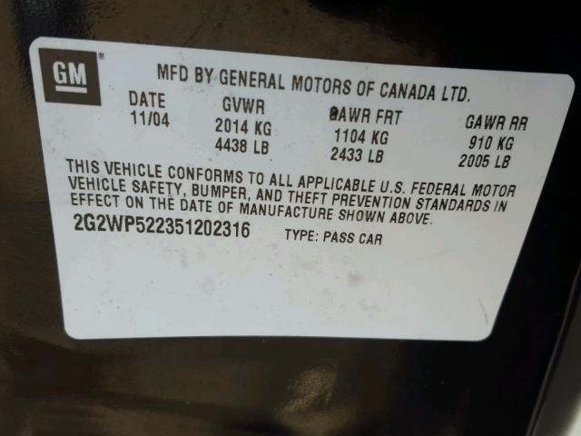 2G2WP522351202316 - 2005 PONTIAC GRAND PRIX BLACK photo 10