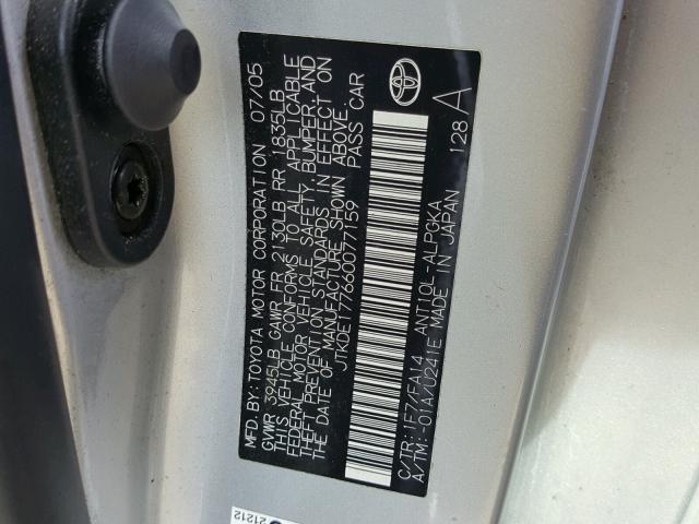 JTKDE177660077159 - 2006 TOYOTA SCION TC 银色 照片 10