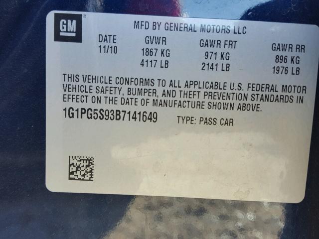 1G1PG5S93B7141649 - 2011 CHEVROLET CRUZE BLUE photo 10