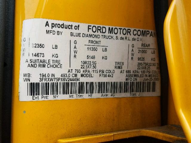 3FRXW75PX6V244494 - 2006 FORD F750 SUPER YELLOW photo 10