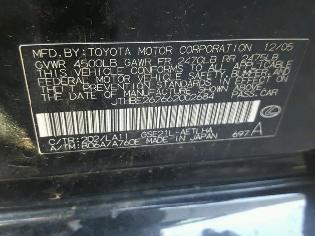 JTHBE262662002684 - 2006 LEXUS IS 350 BLACK photo 10