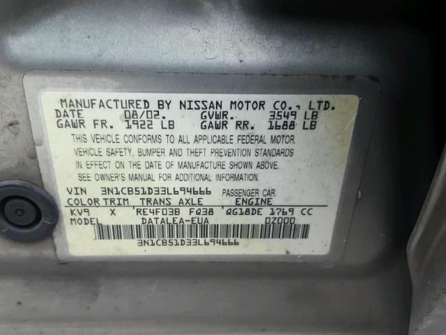 3N1CB51D33L694666 - 2003 NISSAN SENTRA GOLD photo 10