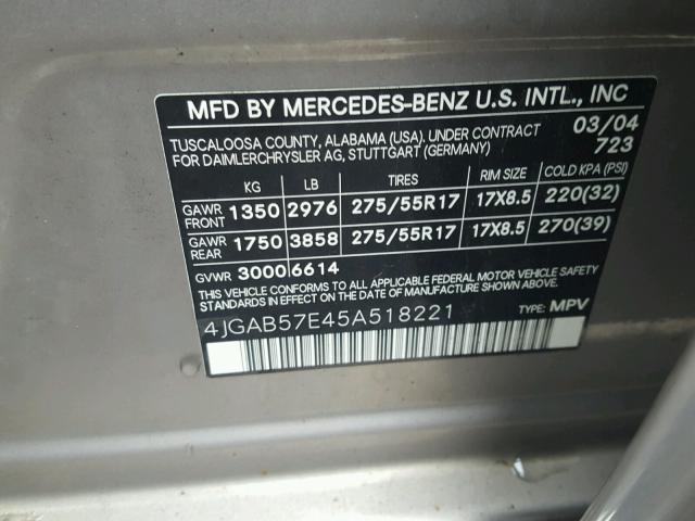 4JGAB57E45A518221 - 2005 MERCEDES-BENZ ML 350 SILVER photo 10