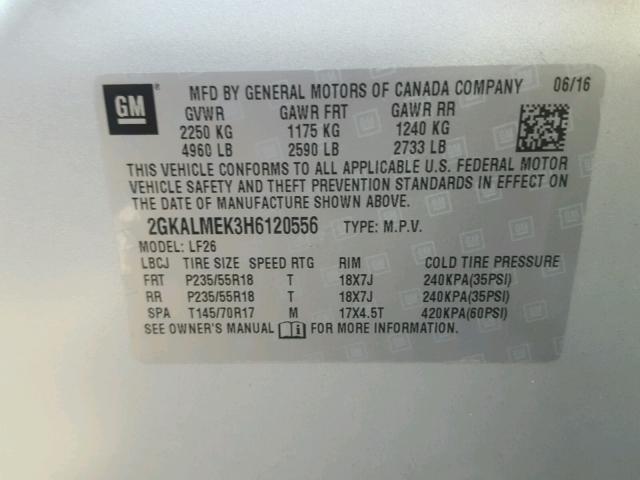 2GKALMEK3H6120556 - 2017 GMC TERRAIN SL SILVER photo 10