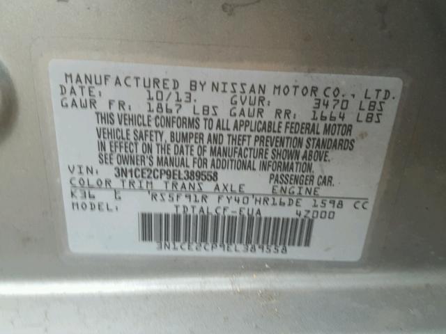 3N1CE2CP9EL389558 - 2014 NISSAN VERSA NOTE GRAY photo 10