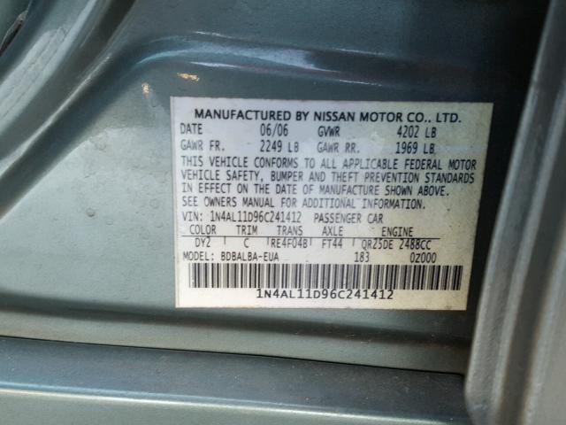 1N4AL11D96C241412 - 2006 NISSAN ALTIMA S GRAY photo 10