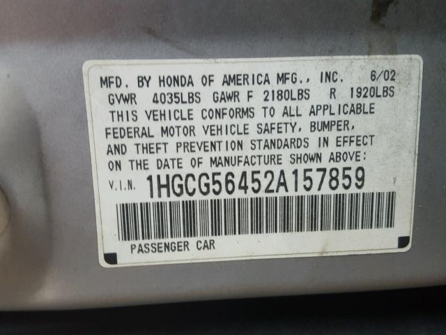 1HGCG56452A157859 - 2002 HONDA ACCORD LX SILVER photo 10