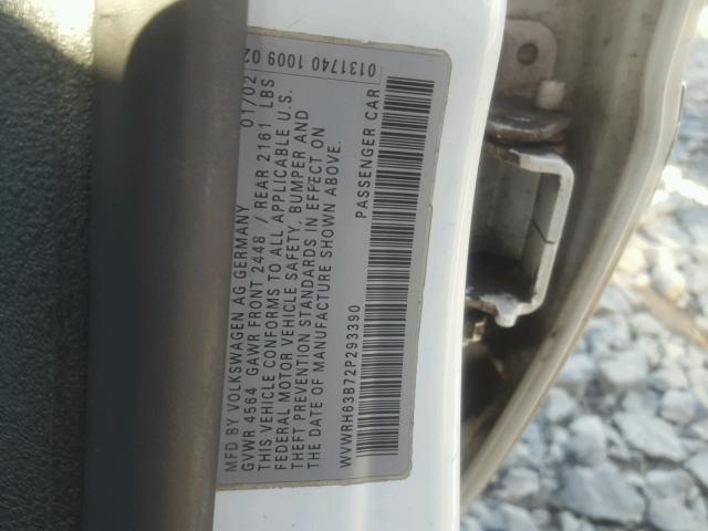 WVWRH63B72P293390 - 2002 VOLKSWAGEN PASSAT GLX WHITE photo 10