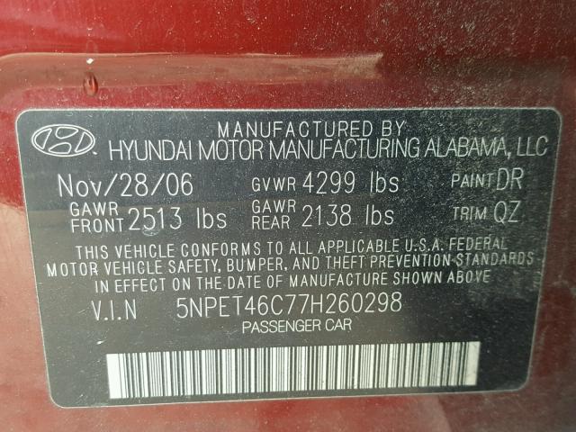 5NPET46C77H260298 - 2007 HYUNDAI SONATA GLS BURGUNDY photo 10