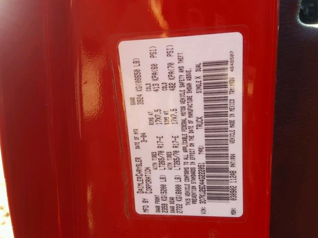 3D7KU26D44G222051 - 2004 DODGE RAM 2500 S RED photo 10