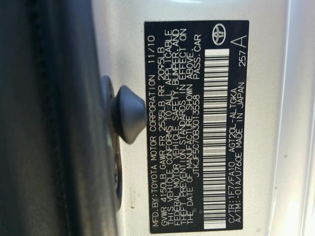 JTKJF5C70B3013558 - 2011 TOYOTA SCION TC 银色 照片 10