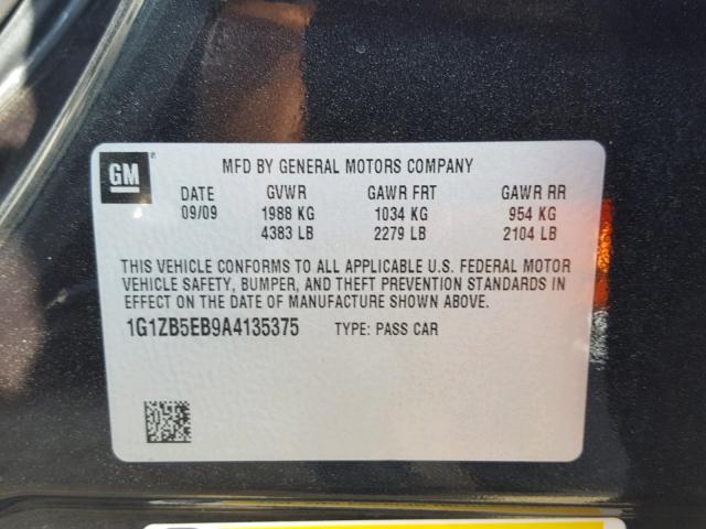 1G1ZB5EB9A4135375 - 2010 CHEVROLET MALIBU LS შავი ფოტო 10