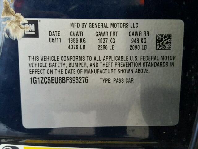 1G1ZC5EU8BF393276 - 2011 CHEVROLET MALIBU 1LT BLUE photo 10