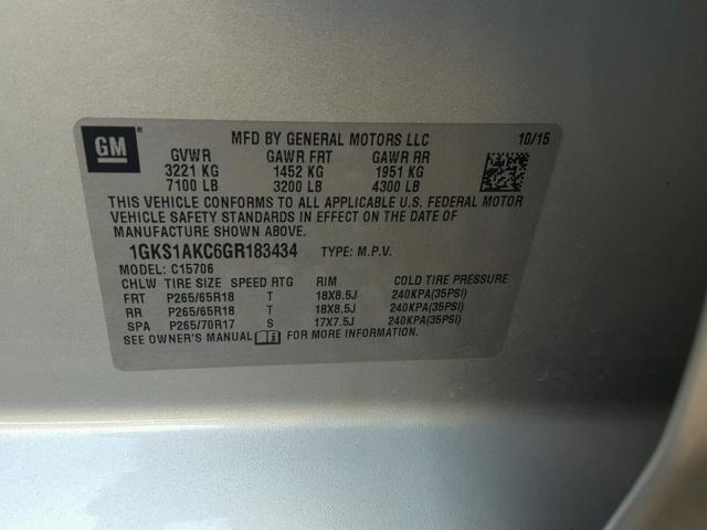 1GKS1AKC6GR183434 - 2016 GMC YUKON SLE SILVER photo 10