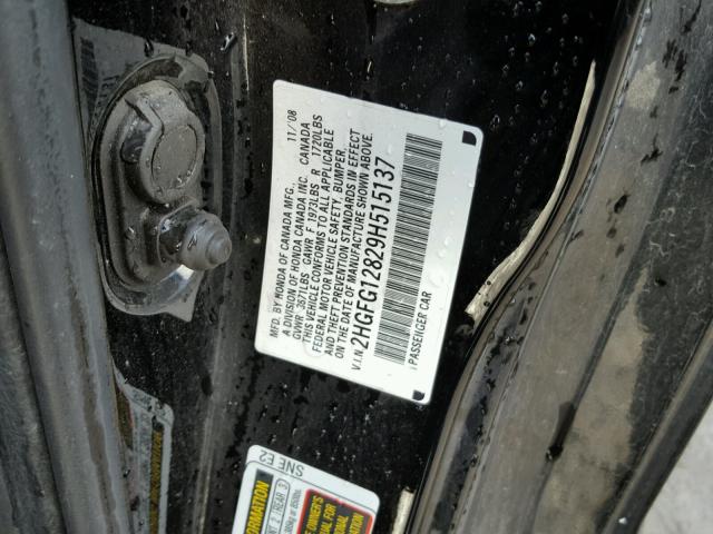 2HGFG12829H515137 - 2009 HONDA CIVIC EX BLACK photo 10