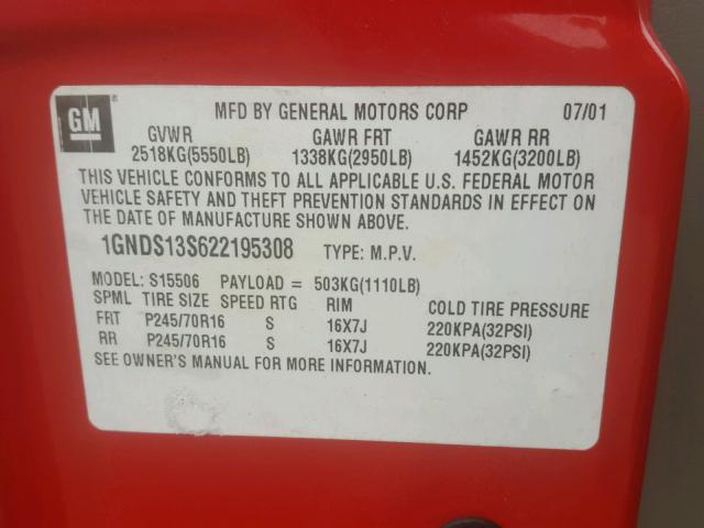 1GNDS13S622195308 - 2002 CHEVROLET TRAILBLAZE RED photo 10