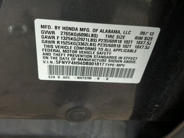 5FNYF4H94DB001817 - 2013 HONDA PILOT TOUR GRAY photo 10