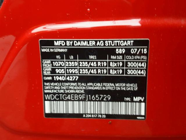 WDCTG4EB9FJ165729 - 2015 MERCEDES-BENZ GLA 250 RED photo 10