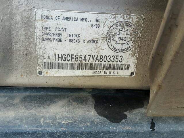 1HGCF8547YA803353 - 2000 HONDA ACCORD DX BEIGE photo 10