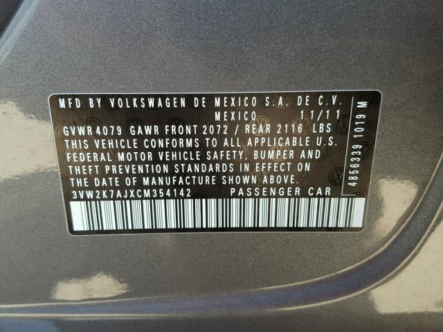 3VW2K7AJXCM354142 - 2012 VOLKSWAGEN JETTA BASE 灰色 照片 10
