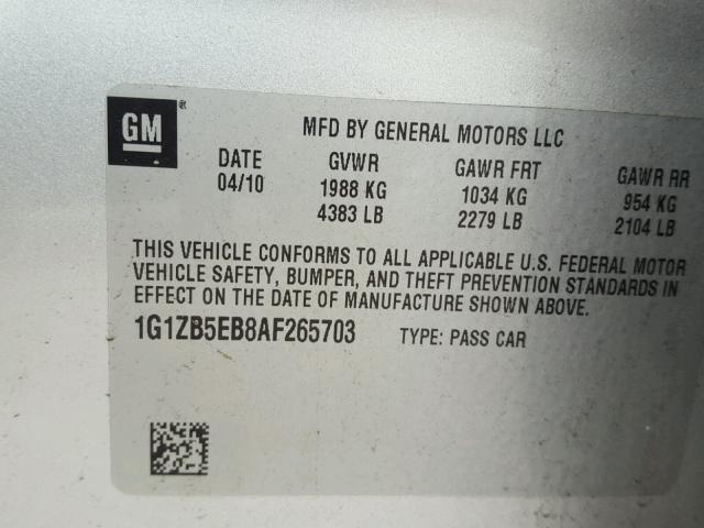 1G1ZB5EB8AF265703 - 2010 CHEVROLET MALIBU LS ვერცხლისფერი ფოტო 10