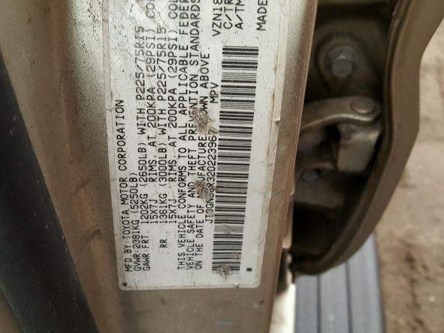 JT3GN86R320223967 - 2002 TOYOTA 4RUNNER SR GOLD photo 10