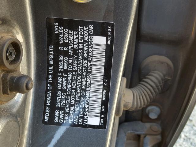 SHHFK7H40HU204958 - 2017 HONDA CIVIC SPOR GRAY photo 10