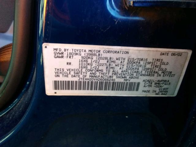 JTEHH20VX26066246 - 2002 TOYOTA RAV4 BLUE photo 10