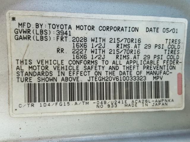 JTEGH20V610033323 - 2001 TOYOTA RAV4 SILVER photo 10