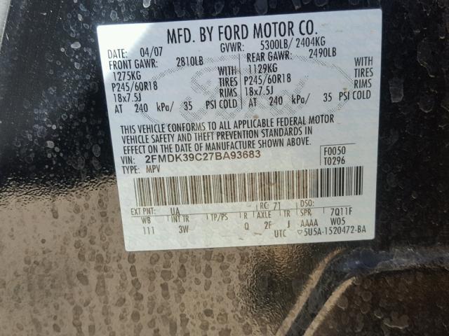 2FMDK39C27BA93683 - 2007 FORD EDGE SEL P BLACK photo 10