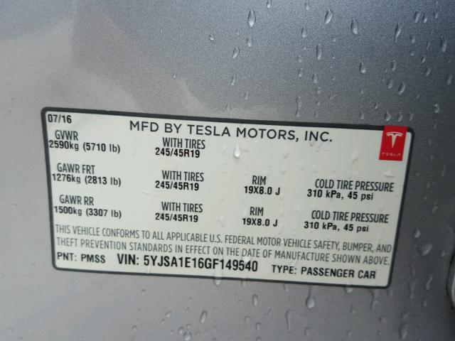 5YJSA1E16GF149540 - 2016 TESLA MODEL S SILVER photo 10